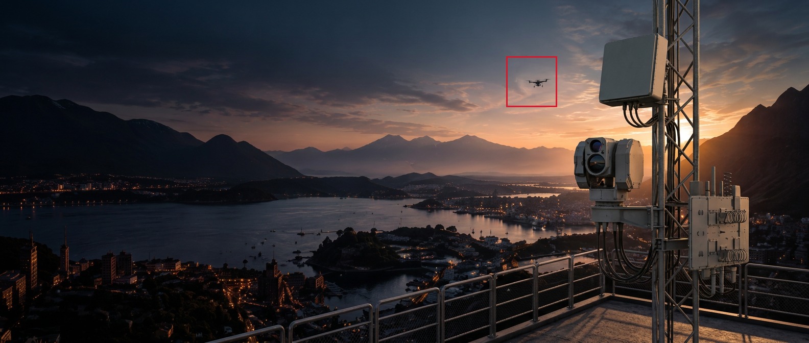 Integrated MELINT radar, electro-optical and counter-drone surveillance system overlooking a coastal city